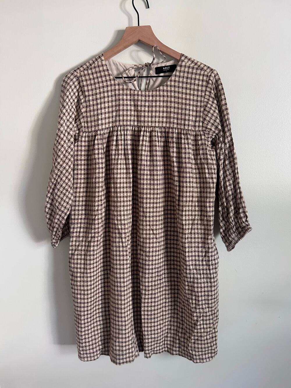 ABLE Brown Plaid Smock Babydoll Mini Dress Tie Back Small Oversized